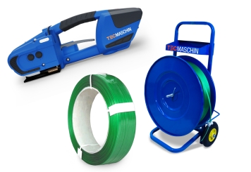 Conjunto de cintagem com bateria: carrinho de desenrolamento, aparelho de cintagem com bateria de substituição, PET cinta de cintagem (99% de material reciclado), TecMaschin 