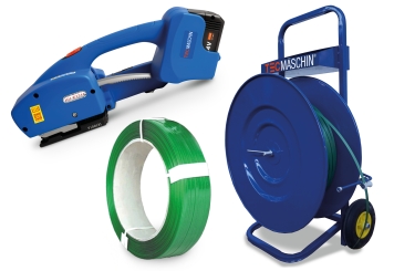Conjunto de cintagem Experte: carrinho de desenrolamento, aparelho de cintagem incl. bateria de reserva, PET cinta de cintagem (99% de material reciclado), TecMaschin 